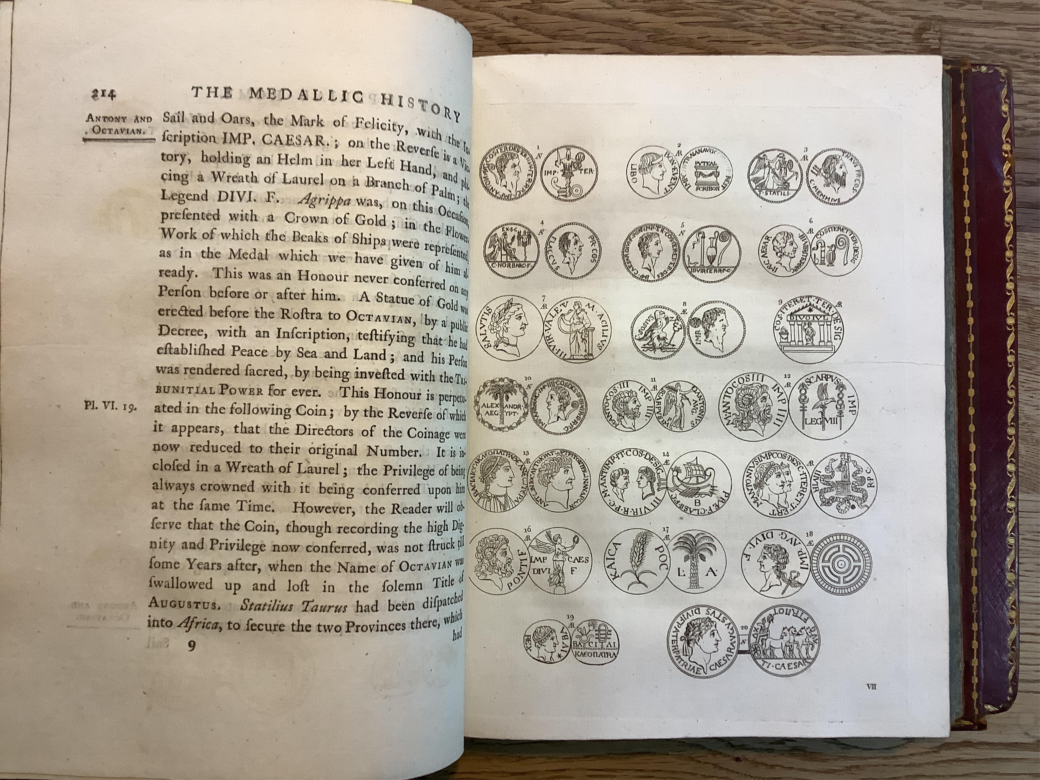 Cooke, William. The Medallic History of Imperial Rome From the first Triumvirate, under Pompey, Crassus, and Caesar, To the removal of the Imperial Seat, by Constantine the Great,.. London 1781, first edition, 4to, 2 vol